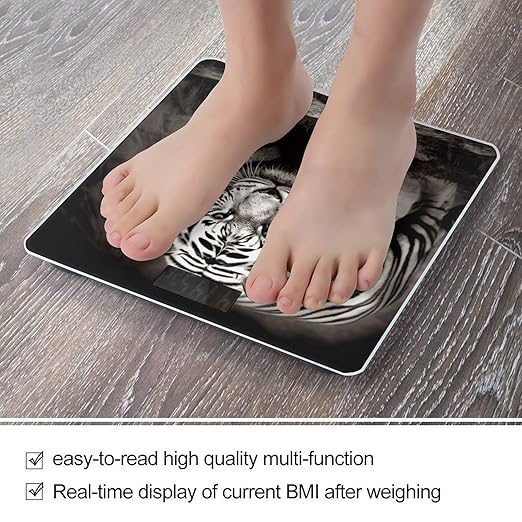 Black and White Tiger Scale for Body Weight Anti-Slip Tempered Glass Digital Bathroom Scales Clear LCD Display Weighing Scale Safe Rounded Corners Smart Scales