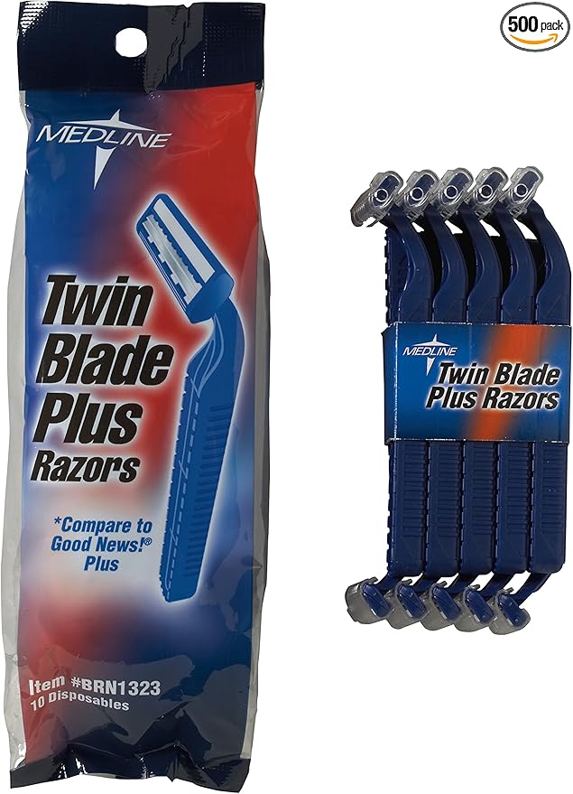 Medline Disposable Facial Razors with Twin Blades and Lubrication Strip Ideal for Sensitive Skin Blue Pack of 500