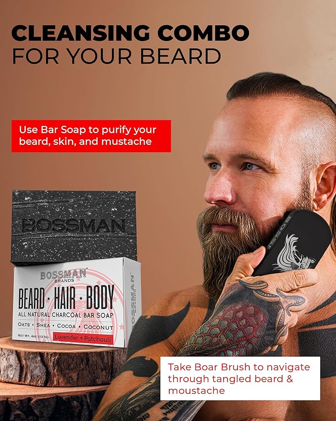 Bossman Big Boss Beard Care Kit for Men - 7 Piece Beard Grooming Kit with Jelly Beard Oil Beard Conditioner Beard Balm MUDstache Wax Bar Soap Metal Comb Brush - Gift Set for Men (Stagecoach)