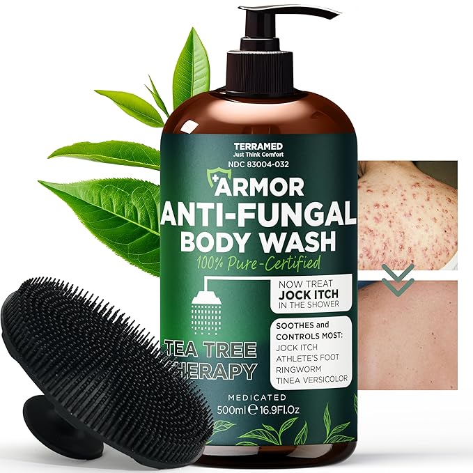 Antifungal Body Wash with Tea Tree Oil | Antifungal Soap for Back AcneTreats Ringworm Eczema &amp Jock Itch | Antifungal Body Soap For Men And Women | Includes Silicon Scrubber (16.9 oz)