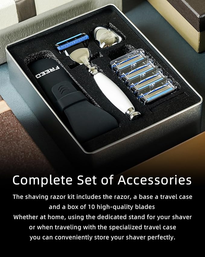 FREED Customized gifts Engraving Shaving Kit - Safety Razor with metal handle include razor base razor travel case and 5 Razor Blade Refillsit's the best gift for men (Pearl White)