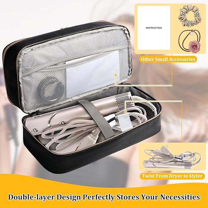 Travel Carrying Case for Shark Flex Style Double Layer Storage Case for Shark SpeedStyle Hair Dryer Attachments Waterproof PU Leather Organizer Bag for Shark Flexstyle Airwrap Styler (Black)
