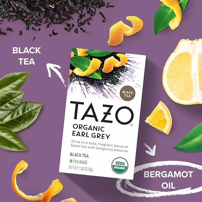 TAZO Organic Earl Grey for Health and Wellness High Caffeine and Bold Flavor 16 Count (Pack of 6)