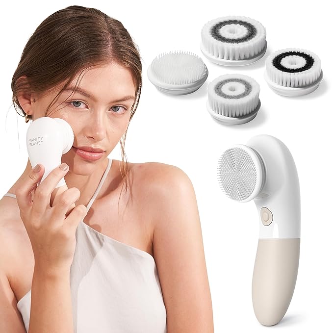 Vanity Planet Raedia Facial Cleansing Brush - Electric Facial Cleansing Brush with 4 Exfoliating Brush Heads - Waterproof Handheld Lightweight for Face Scrubber and Exfoliating Face - Warm Grey