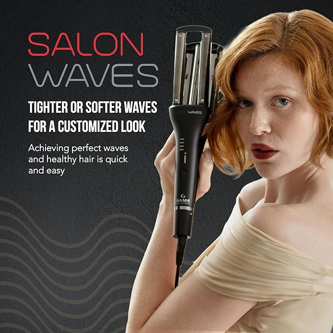 GA.MA Salon Waves LED Curling Iron Adjustable 4‑Size Titanium Wave Barrels (0.67–0.98″) LED Display Auto‑Off Dual Voltage