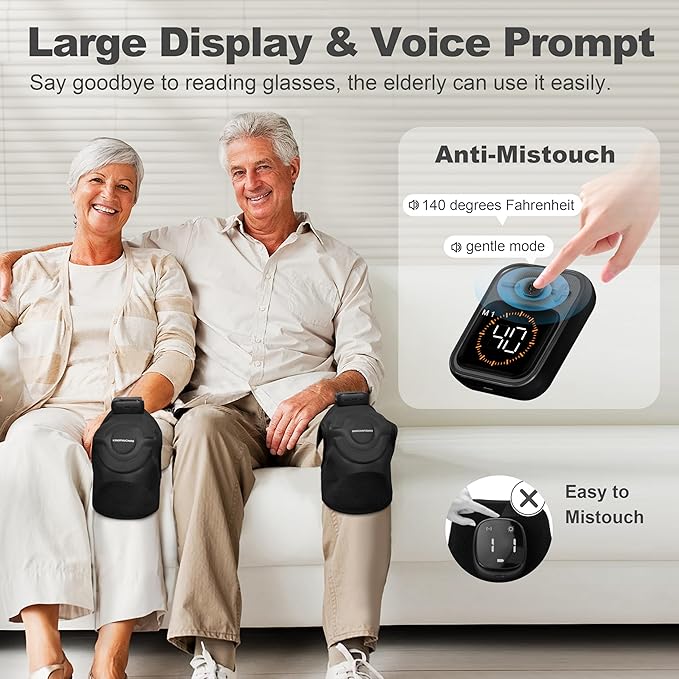 KingPavonini Cordless Knee Massager for Pain Relief Newly 4 Motors Vibration 5 Heat Levels 6 Massage Modes Knee Heating Pad for Knee Pain Heated Knee Massager Brace for Mom Dad (Black 2.0)