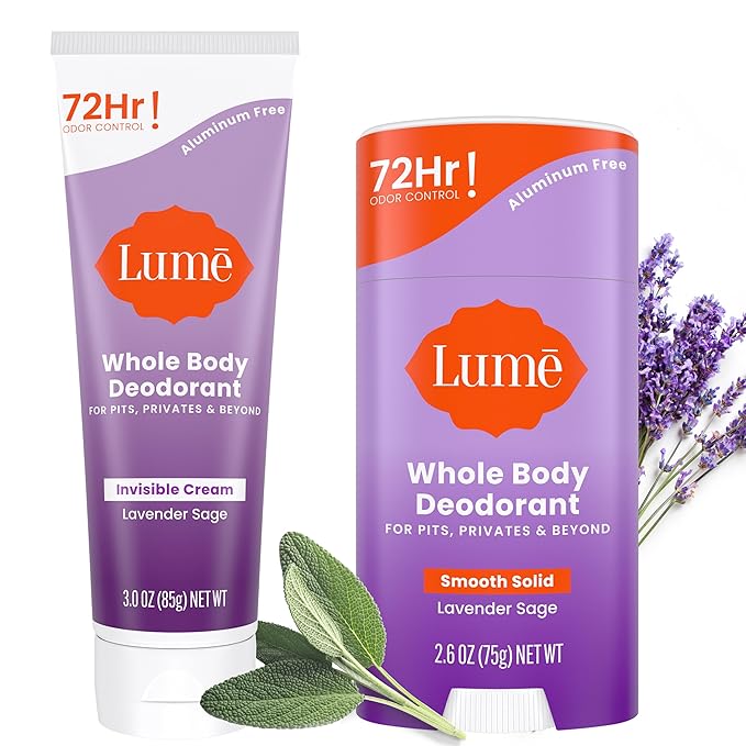 Lume Whole Body Deodorant - Invisible Cream and Solid - 72 Hour Odor Control - Aluminum Free Baking Soda Free Skin Safe - 3.0 Ounce Cream and 2.6 Ounce Solid Bundle (Lavender Sage)