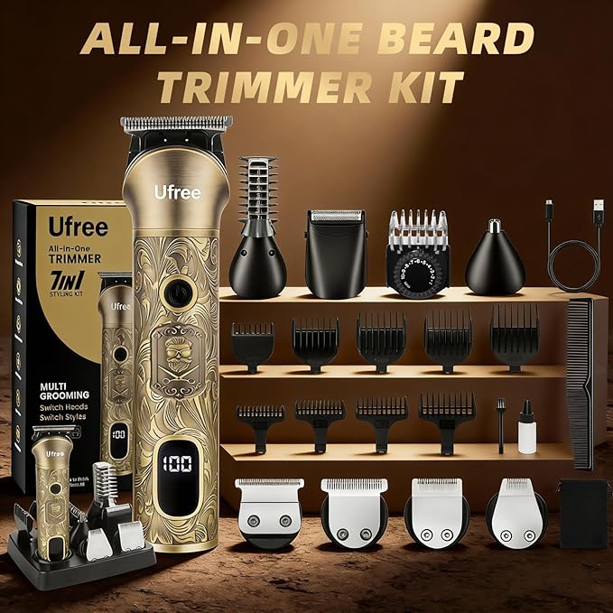 Ufree Beard Trimmer for Men Electric Razor Shaver Cordless Hair Clipper Shaving Kit for Mustache Body Nose Ear Hair Facial Adjustable Beard Grooming Kit Birthday Gifts for Men