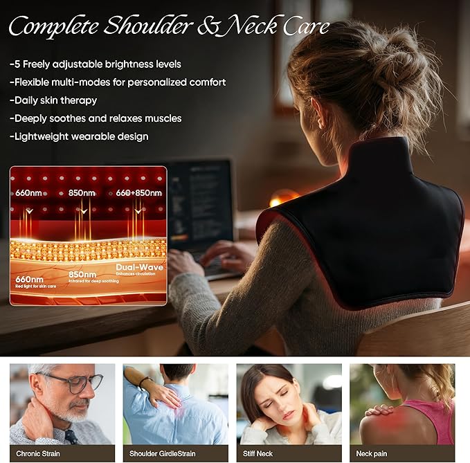 Wearable Red Light Therapy Wrap 3.0 for Neck and Shoulder – 660nm and 850nm LED Infrared Heating Pad with 288 LEDs Deep Warming Muscle Comfort Adjustable Timing Relaxing Neck Device for Home Use