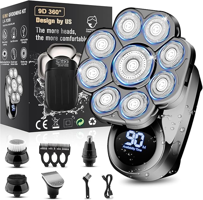 9D Electric Head Shavers for Bald Men Upgraded 5-in-1 Waterproof Wet/Dry Grooming Kit Electric Shaver for Men Cordless Rechargeable Bald Head Razor for Home&ampTravel