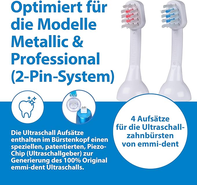 Emmi-dent Metallic/Professional 2-Pin Bristle-Head Attachments - Electric Toothbrush Replacement Heads. Cleans with Ultrasound Waves (Kids 4 Pack)