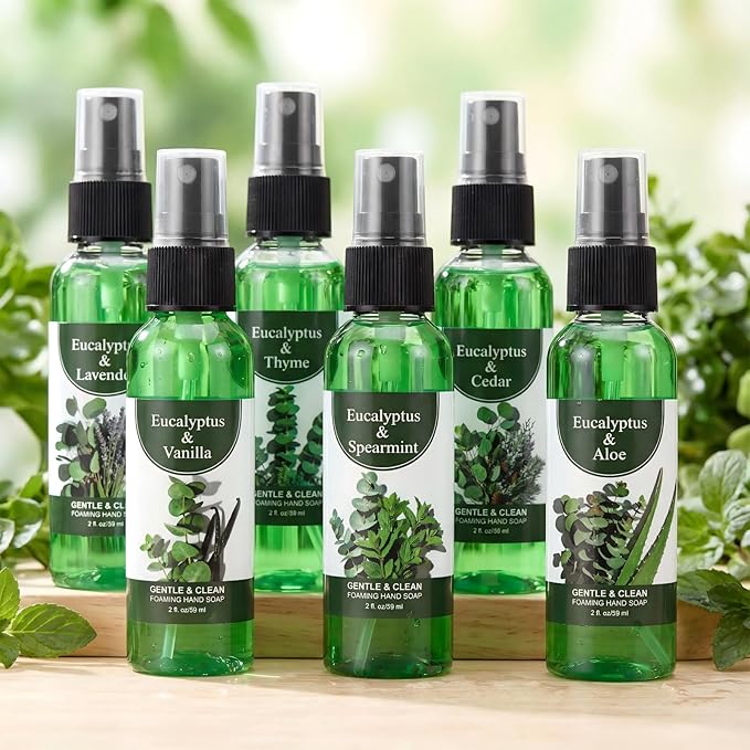12 Pcs Greenery Eucalyptus Scented Hand Sanitizer Spray with Essential Oil Hydrating Small Hand Sanitizer Spray Travel Size 2 Fl. oz Compact Bottle for Pocket Purse Bag Handbag Desk Drawer Car