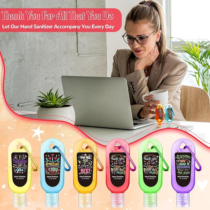 24 Pack Inspirational Scented Hand Sanitizers Keychain Gift Mini Hand Sanitizer Bulk 1 oz Travel Size Sanitizer Gel Thank You Gift for Teachers Women Team Coworker Graduation Party Favors
