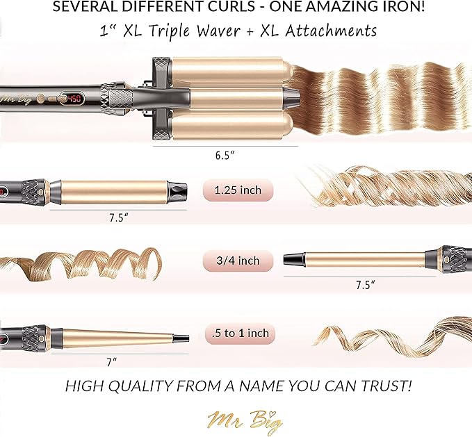 Mr Big Triple Waver Curling Iron Set for Beachy Waves has the 4 Most Used Wands 1” Waver Crimper &amp Wands from ½” to 1.25” Great for Long Hair Travel Bag &amp Accessories Fast Heat for All Ha