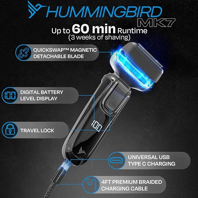 HUMMINGBIRD MK7 Premium Foil Face Shaver Four Blade Foil Shaver with Long Hair Leveler Electric Razor for Men Waterproof Wet &amp Dry Shave Cordless USB-C Rechargeable LED Display Travel Case