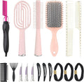 Hair Straightener Hot Comb with 15-Piece Hair Styling Set Pink Brushes and Accessories