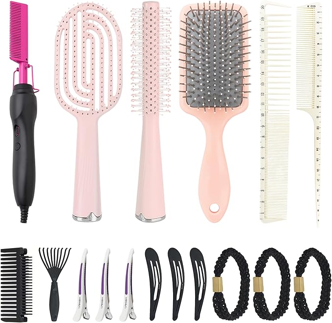 Hair Straightener Hot Comb with 15-Piece Hair Styling Set Pink Brushes and Accessories