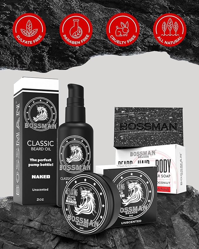 Bossman Starter Beard Kit for Men – Beard Oil (2 oz) Beard Balm &amp Bar Soap – Natural &amp Organic Grooming Kit – Made in the USA Men Gift Set (Naked – Unscented)