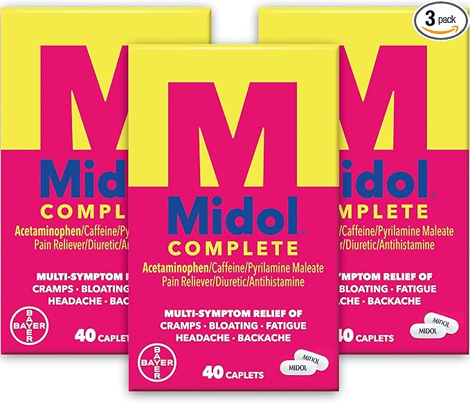 Midol Complete Menstrual Pain Relief Caplets with Acetaminophen for Period Cramps and Menstrual Symptom Relief - 40 Count (Pack of 3) (Packaging May Vary)