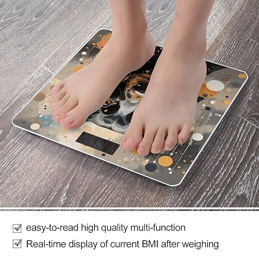 Colorful Polka Dots and Dog Digital Bathroom Scale for Body Weight Weighing Scale with Backlit LCD Display High Precision Measurements &amp Measures Weight Up to 180kg