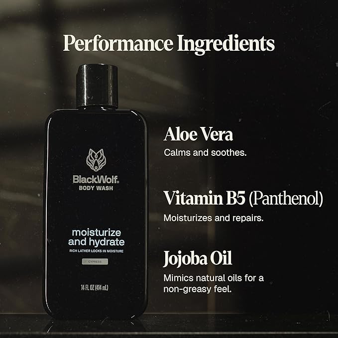 Black Wolf 2-Pack Moisturizing Body Wash Bundle - Mens Hydrating Bodywash for Dry Dehydrated &amp Sensitive Skin - Hyaluronic Acid Aloe Vera &amp Jojoba Oil Body Cleanser Help Remove Oil &amp D