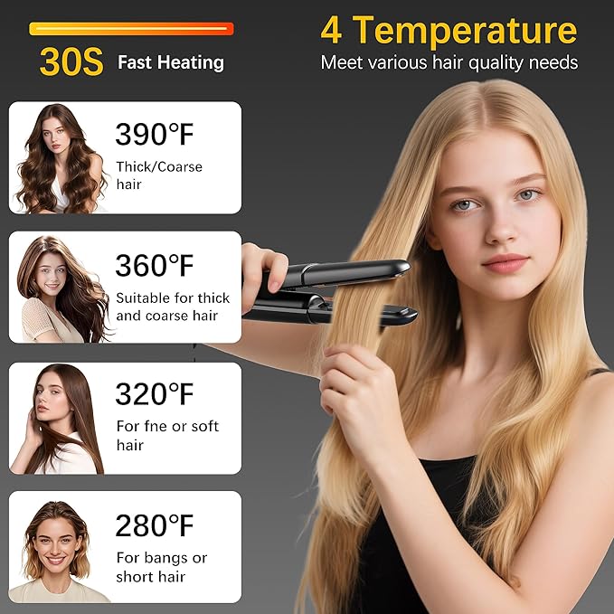 Cordless Hair Straightener Curler 2 in 1 Ceramic Flat Iron Mini Portable Fast Heating 30s 4500mAh Battery 4 Temp Adjustments LCD Display USB Rechargeable for Women Men with Pouch (Black White)