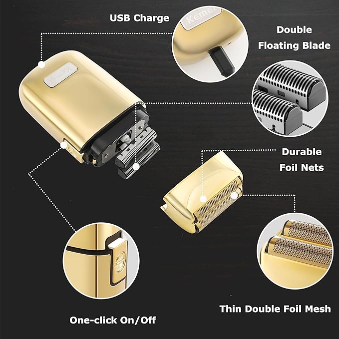 Kemei Cordless Metal Double Electric Shaver Razor for Men Close Electric Shavers Type-C Rechargeable for Wet/Dry Shaving KM-TX1 Gold