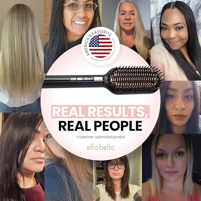 ELLA BELLA® Hair Straightening Brush • Heated Straightener Brush Comb • Straightens in 1 Pass • Ionic Technology for Healthier Hair • Suitable for All Types