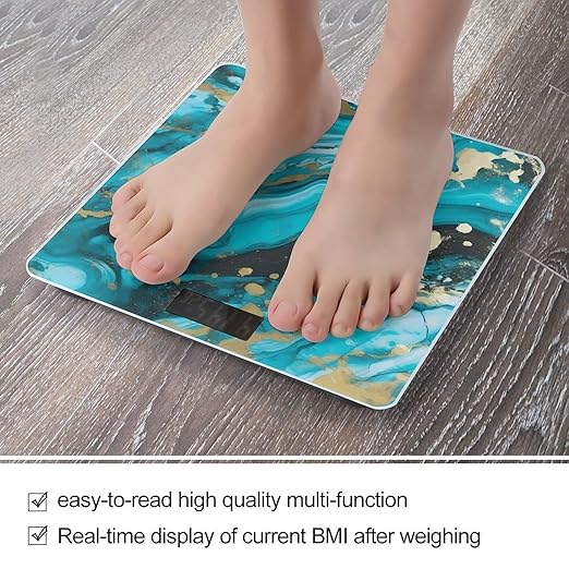 Turquoise Blue Gold Marble Bathroom Scale Large LCD Backlight Display Digital Scale Rounded Corners Body Scales Automatic Power On/Off Bathroom Scales for Home Bedrooms