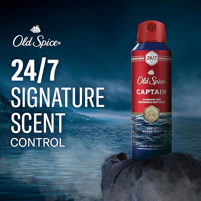 Old Spice Aluminum Free Body Spray for Men 24/7 Signature Scent &amp Lasting Freshness All-Day Odor Protection Easy Application Captain with Bergamot Sea Air &amp Driftwood Scent 5.1 oz (Pack