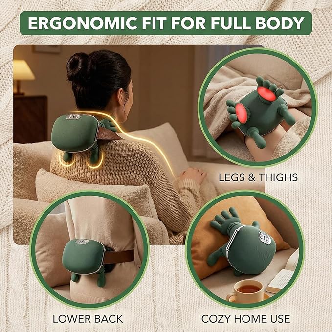 Cordless Neck and Shoulder Massager with Heat Bionic 4D Kneading Deep Tissue Back Massager Hands-Free Wearable Design for Muscle Relaxation Green