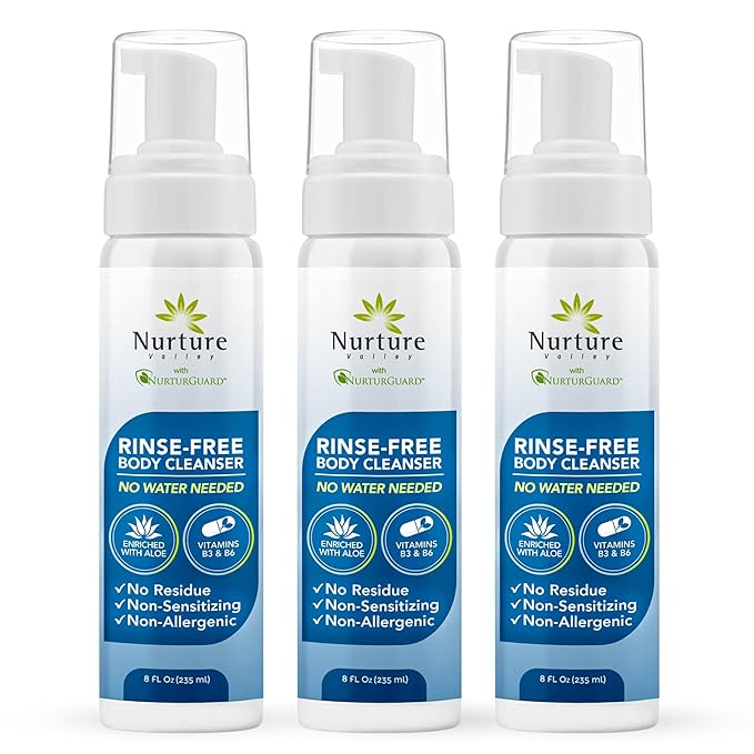 Nurture Rinse Free Waterless Foaming Cleanser | Women Camping Elderly &amp Hospital Care | Waterless Shower &amp Bath Wash w/Aloe for Sensitive Dry Skin