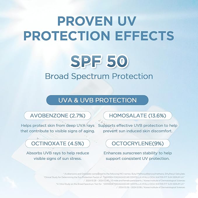 SKIN1004 Centella Hyalu-Cica Water-Fit Sun Serum UV Korean Sunscreen SPF 50 Centella Sunscreen Travel Essentials Sunscreen with Hyaluronic Acid No White Cast Korean Skin Care 1.69 fl.oz / 50ml