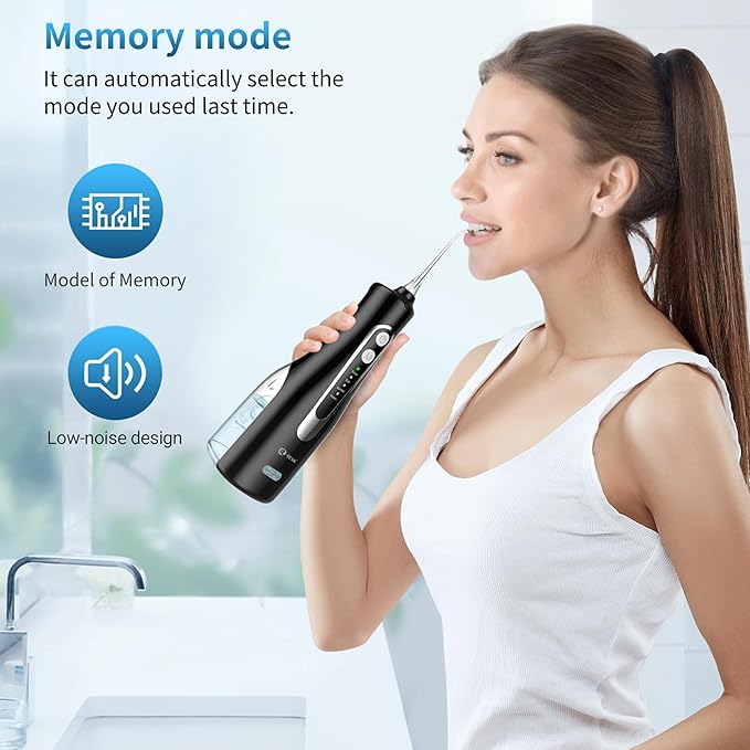 Cordless Oral Irrigator - 4 Modes Water Flosser for Teeth Cleaning 300ML Reservoir 360° Nozzle IPX7 Waterproof 2000mAh Rechargeable Battery 4 Jet Tips Smart Memory Function (M149 - Black)