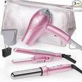 DAN Technology Hair Styling Set Including Travel Hair Dryer Mini Flat Iron and Travel Curling Iron with European Plug Dual Voltage Portable Storage Bag Pink