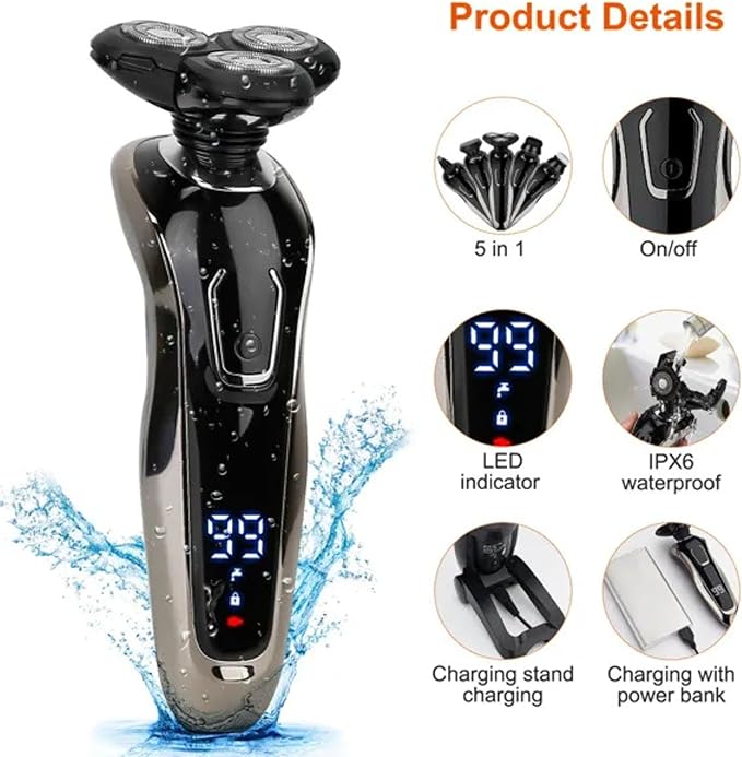 5 in 1 Electric Razor Shaver Rechargeable Cordless Head Beard Trimmer Shaver Kit Ipx6 Waterproof Dry Wet Grooming Kit 3D Rotary Blade