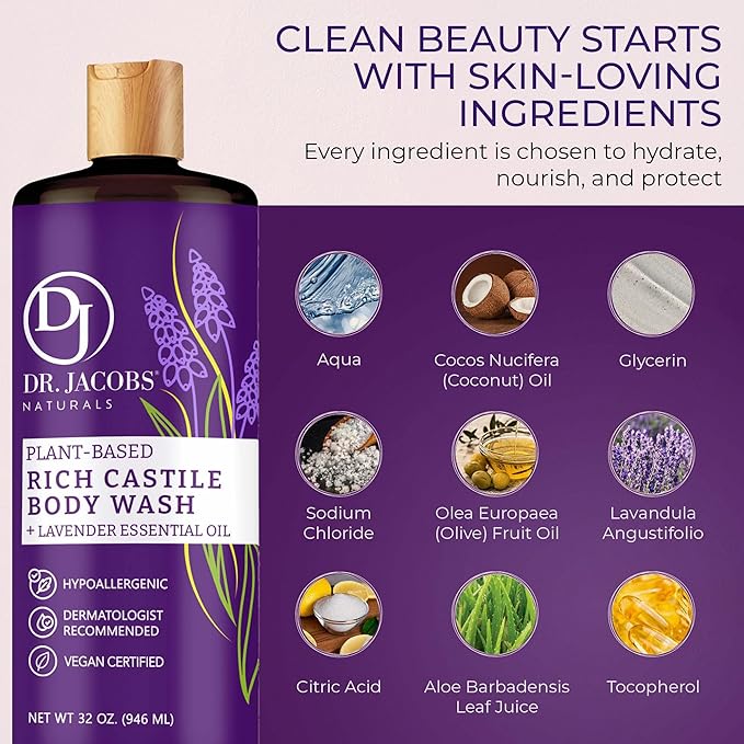 Dr. Jacobs Naturals Castile Lavender All-Natural Body Wash for Moisturizing Dry and Sensitive Skin with Plant-Based Ingredients with Pump - 32 Ounce