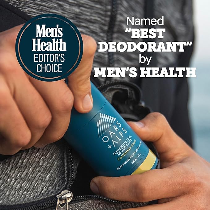 Oars + Alps Aluminum Free Deodorant for Men | Long Lasting Odor Protection Clear &amp Free of White Residue Anti-Chafing Smooth Glide Dermatologist Tested California Coast 2pk 2.6oz