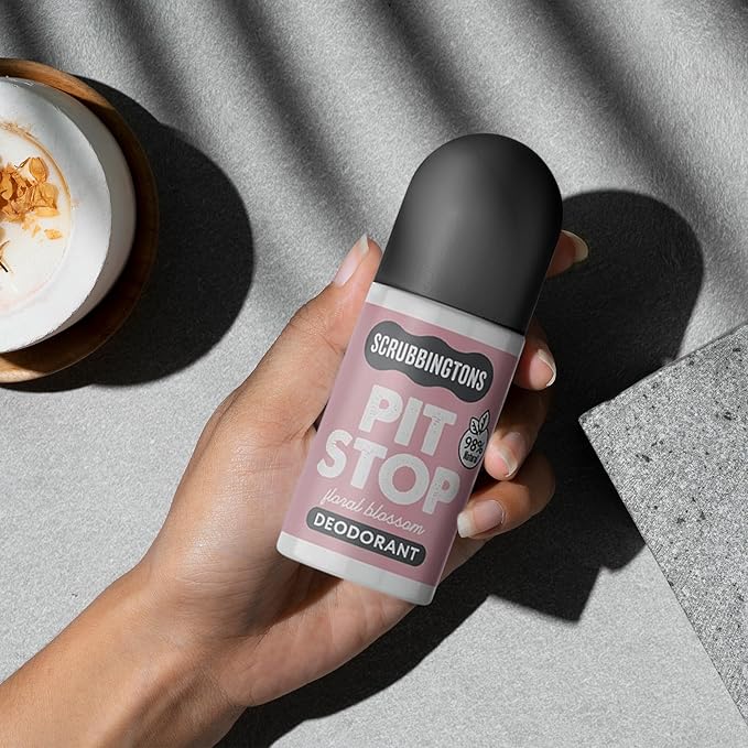 Scrubbingtons Pit Stop 98% Natural Deodorant For Women Roll on For Sensitive Skin Made in UK. Paediatrician approved Aluminium &amp Alcohol Free Vegan &amp Cruelty Free Floral Blossom 75ml x 4