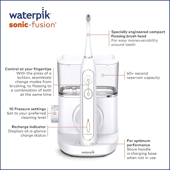 Waterpik Sonic-Fusion Professional Flossing Electric Toothbrush &amp Water Flosser Combo in One SF-02 White