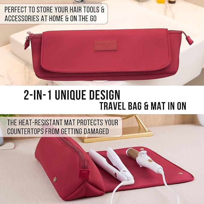 BAREFOOT CARIBOU Hair Tools Travel Bag and Heat Resistant Mat for Flat Irons Straighteners Curling Iron and Haircare Accessories 2-in-1 design with Interior Pockets Portable Organizer