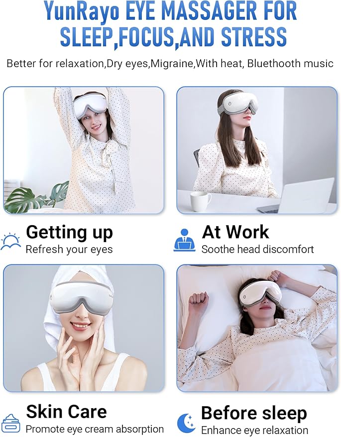 Eye Massager with Bluetooth Music Heating &amp Vibration-Wireless Massage Mask for Relieving Dry Eyes Eye Strain &amp Headaches Promote Sleep 180° Foldable Travel Office Users