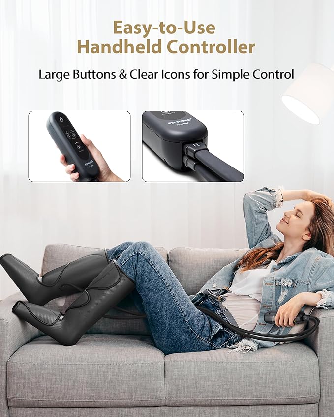 FIT KING Leg Massager for Circulation and Pain Relief Air Compression Leg and Foot Massager to Relieve Pain Swelling Edema with 2 Size Extensions- Great Gift for Wife Mom and Friend