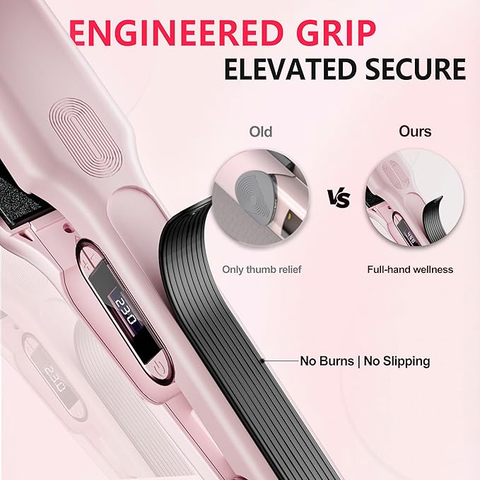 Ceramic Flat Iron Hair Straightener with 3D Floating PlateHair Iron Straightener with 15 Temps for Thick Hair | Ergonomic Silicone Handle | LCD Display | Dual Voltage (Light Pink)