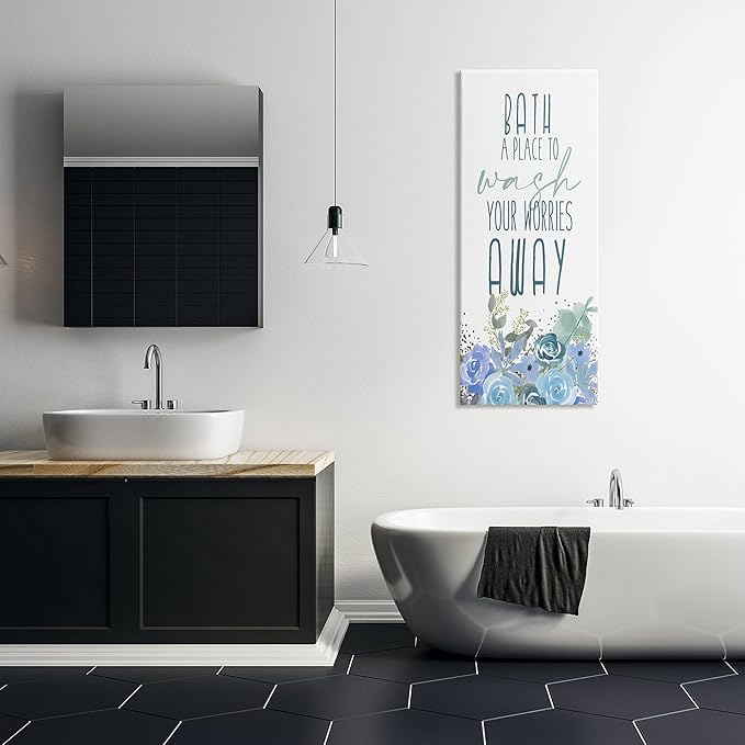 Stupell Industries Bath Definition Wash Worries Away Phrase Blue Florals