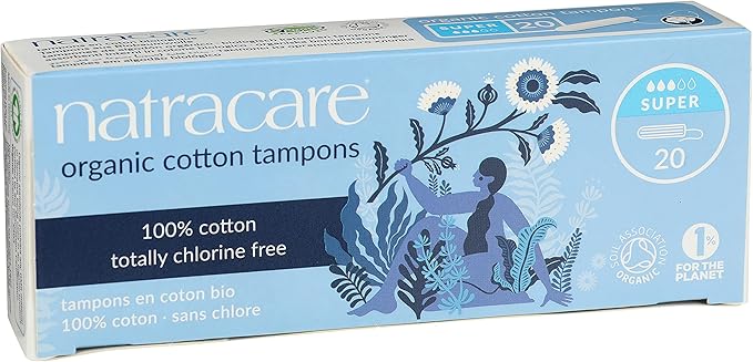 Natracare Non-Applicator 100% Organic Cotton Tampons Super Totally Chlorine Free Biodegradable and Compostable (12 Pack 240 Tampons Total)