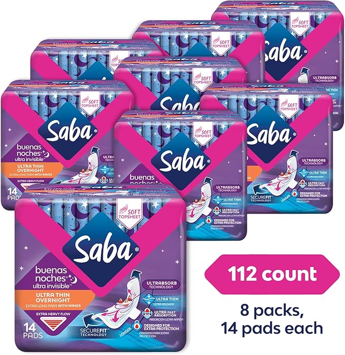 SABA Ultra Invisible Ultra Thin Overnight Pads with Wings Overnight Heavy Absorbency 8-Pack of 14 Pads (112 Count)