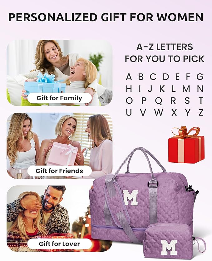 Girl Duffle Bag with Shoe Compartment Tween Weekend Duffle Bag Monogram Overnight Bag for Women with Trolley Sleeve &amp Wet Pocket Letter Kids Travel Bag with Makeup Bag (Letter K)