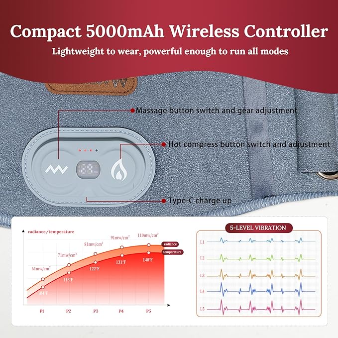 Red Light Therapy Wrap with Heat and Vibration 660nm Red Plus 850nm and 940nm Near Infrared Cordless 5000mAh Controller 30‑Min Auto‑Off for Knee Elbow Shoulder (Space Gray-1-PACK)