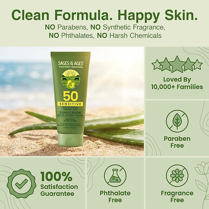 Organic Tallow Mineral Sunscreen SPF 50 with Non-Nano Zinc Oxide — Reef Safe UVA/UVB Broad Spectrum Sunblock Water Resistant 80 Min Moisturizing Lotion for Face &amp Body 3.4 fl oz